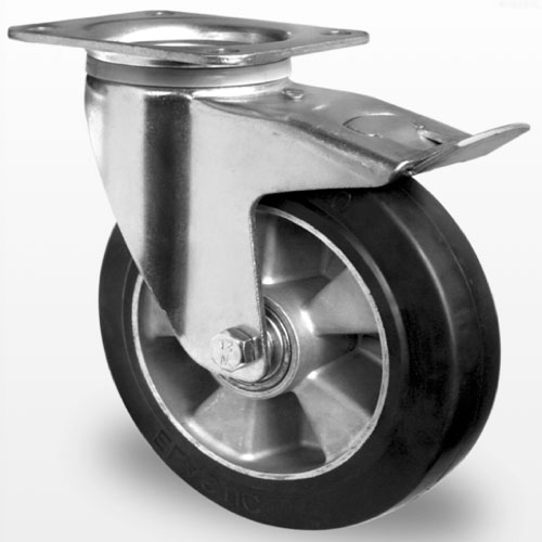 Industri hjul og transport hjul  med Elastisk sort gummi , aluminium fælg med Dreje gaffel og bremse
